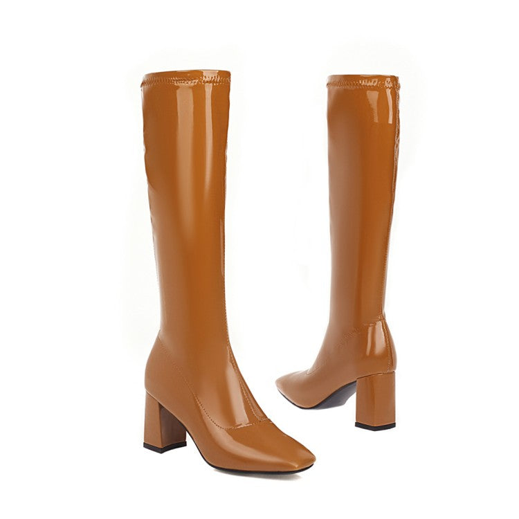 Women Square Toe Glossy Side Zippers Chunky Heel Knee-High Boots