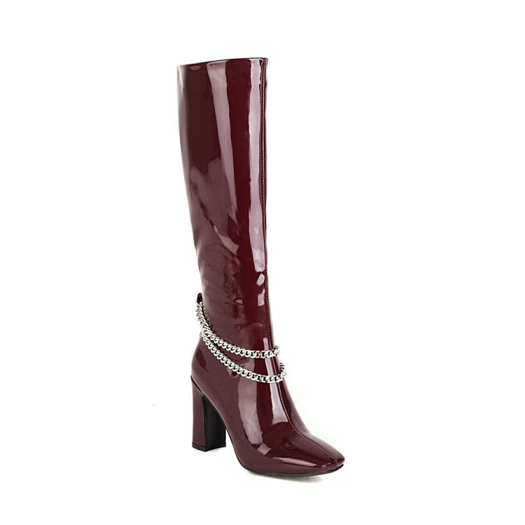 Women Glossy Metal Chains Side Zippers Chunky Heel Knee-High Boots