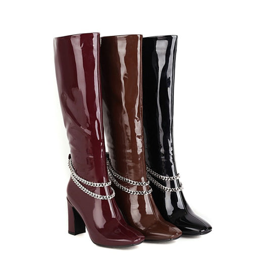 Women Glossy Metal Chains Side Zippers Chunky Heel Knee-High Boots