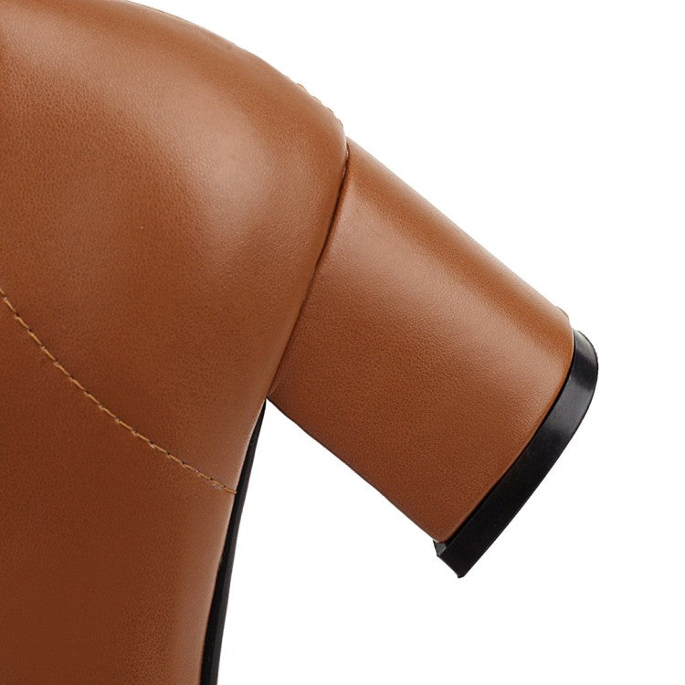 Women Glossy Side Zippers Chunky Heel Knee-High Boots