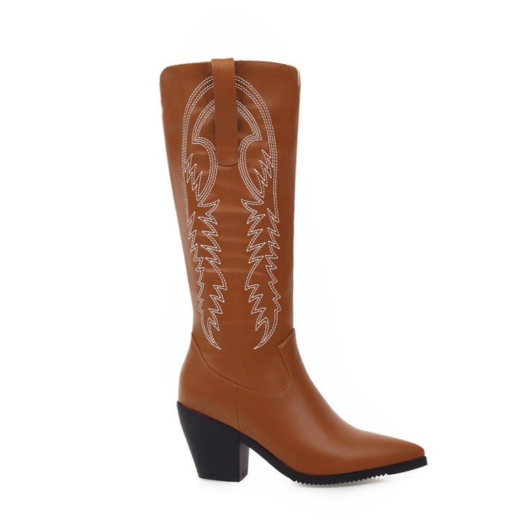 Women Pointed Toe Side Zippers Embroidery Flowers Beveled Heel Knee-High Boots