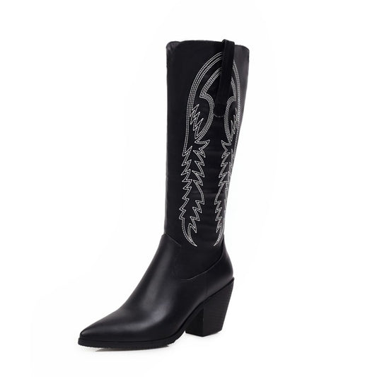 Women Pointed Toe Side Zippers Embroidery Flowers Beveled Heel Knee-High Boots