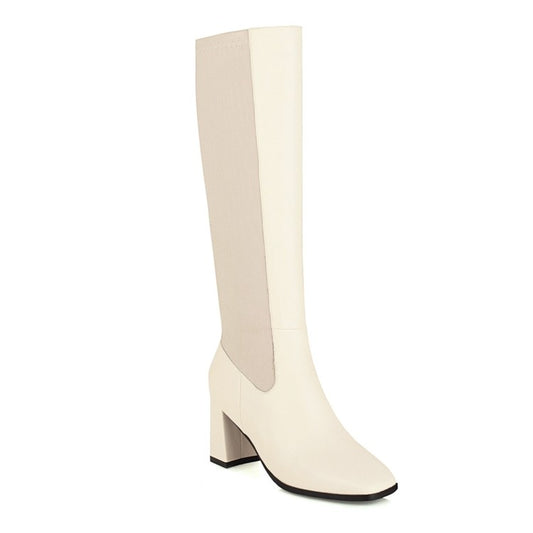 Women Bicolor Square Toe Zippers Chunky Heel Knee-High Boots