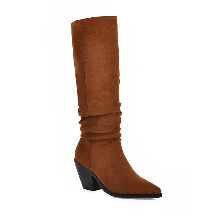 Women Pointed Toe Beveled Heel Knee-High Boots