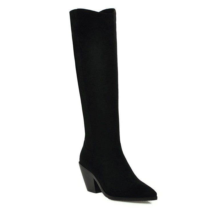 Women Pointed Toe Beveled Heel Knee-High Boots