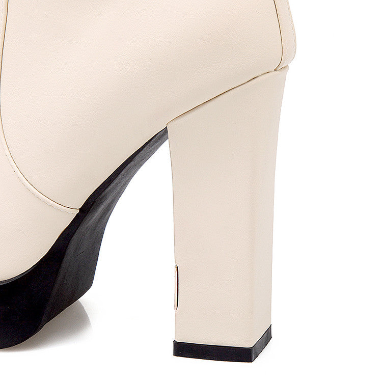 Women Round Toe Side Zippers Chunky Heel Platform Knee-High Boots