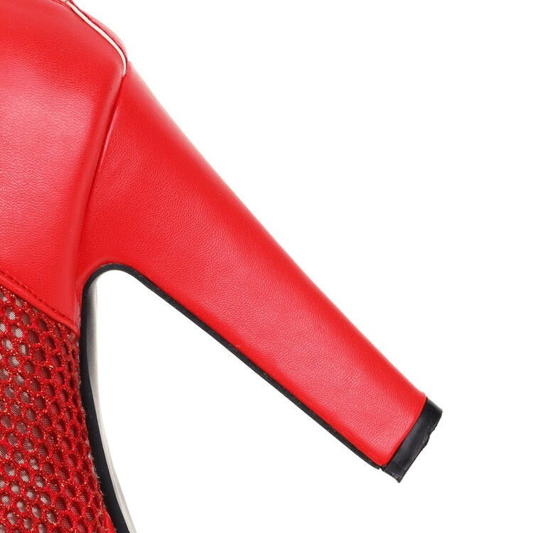 Women Round Toe Mesh Back Zippers Block Chunky Heel Platform Short Boots