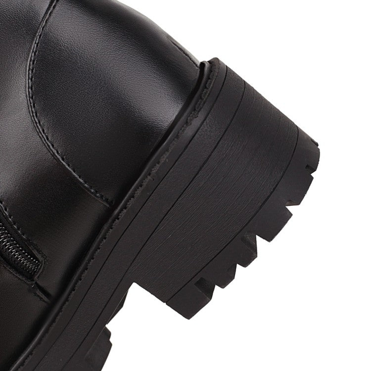 Women Round Toe Lace-Up Side Zippers Block Chunky Heel Platform Short Boots