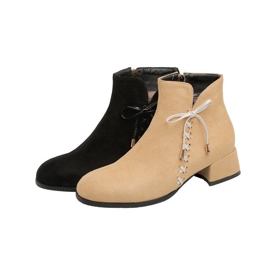 Women Flock Pointed Toe Crossed Tied Straps Block Chunky Heel Short Boots