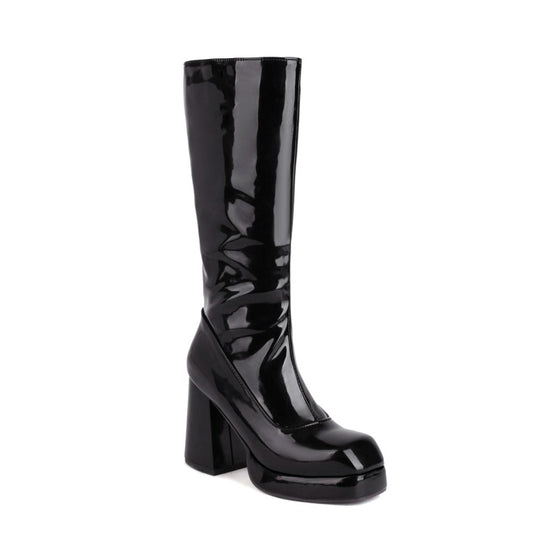 Women Glossy Square Toe Side Zippers Block Chunky Heel Platform Mid-Calf Boots