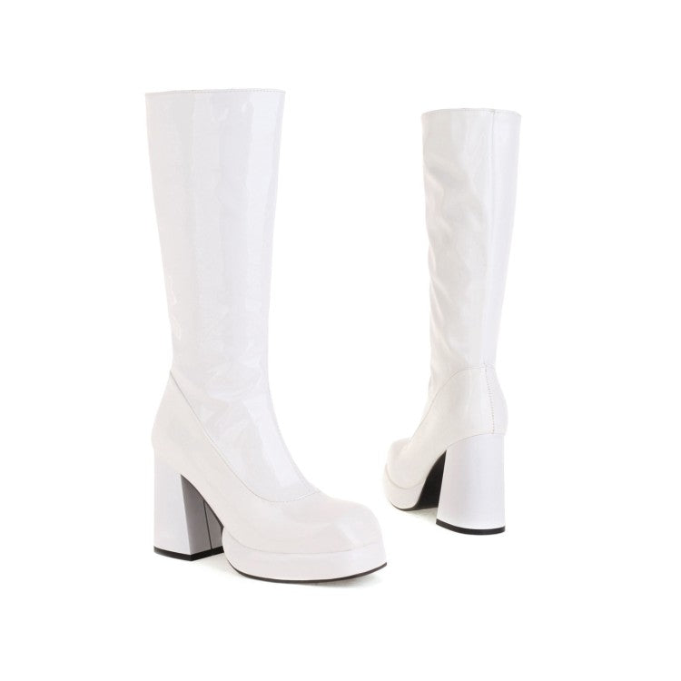 Women Glossy Square Toe Side Zippers Block Chunky Heel Platform Mid-Calf Boots
