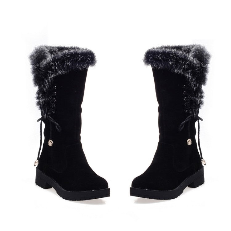 Women Flock Round Toe Lace-Up Block Chunky Heel Mid-Calf Boots