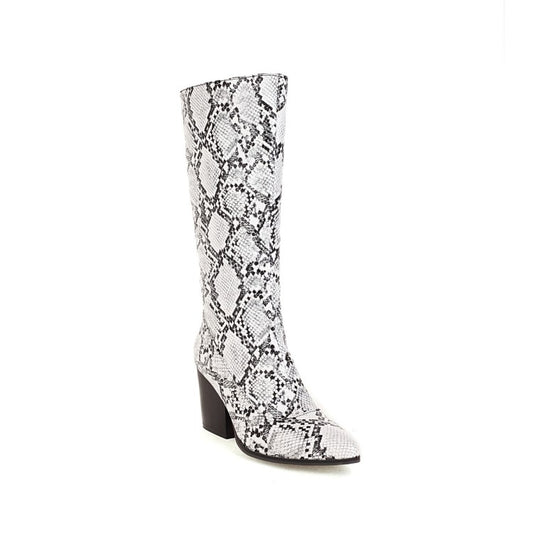 Women Snake Printed Pointed Toe Side Zippers Block Chunky Heel Mid-Calf Boots