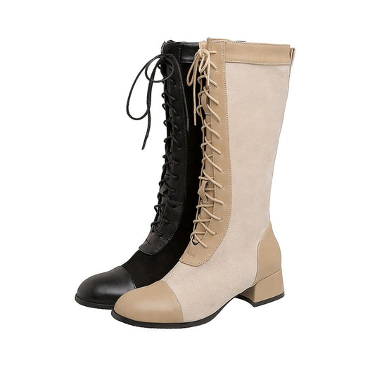 Women Square Toe Lace-Up Block Chunky Heel Mid Calf Boots