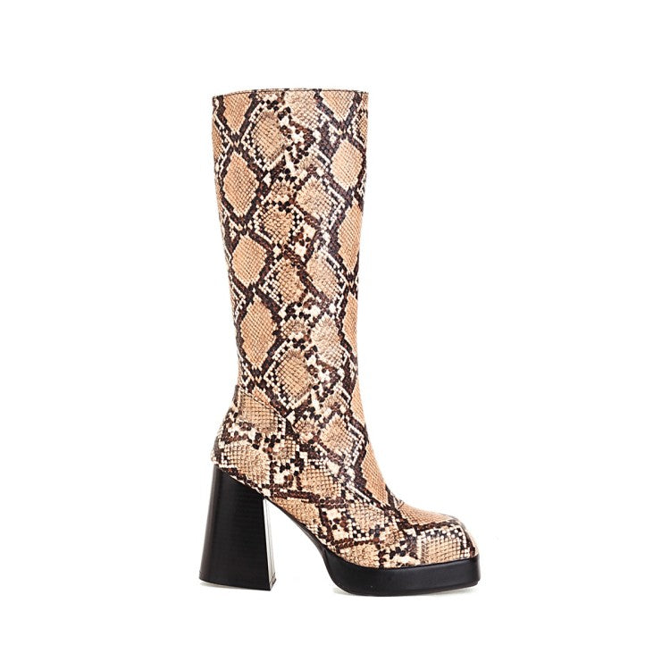 Women Snake Printed Square Toe Side Zippers Block Chunky Heel Platform Mid-Calf Boots