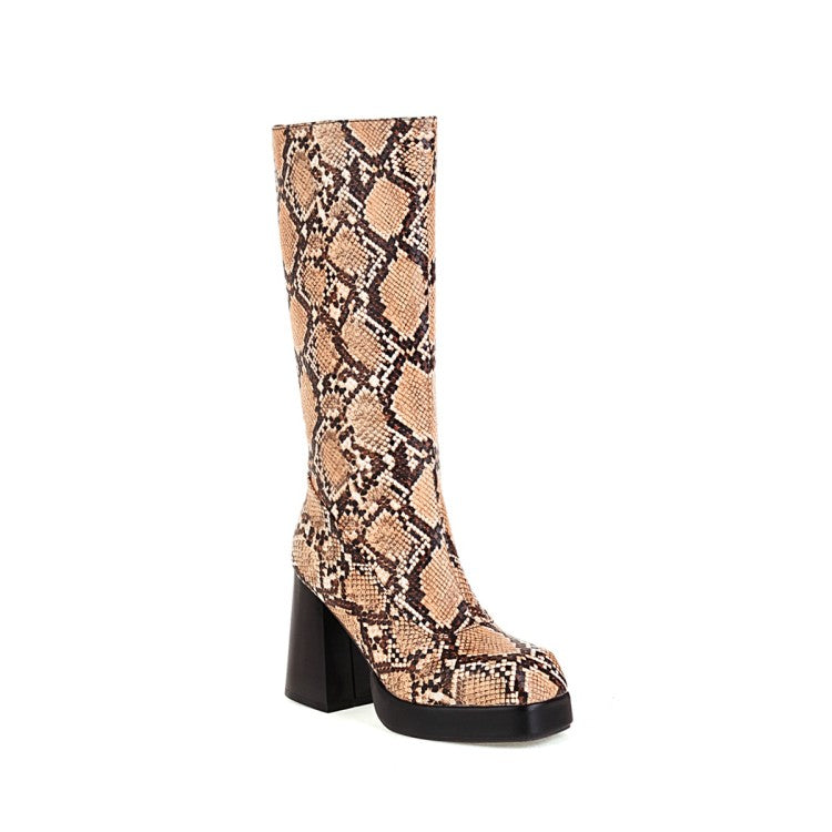 Women Snake Printed Square Toe Side Zippers Block Chunky Heel Platform Mid-Calf Boots