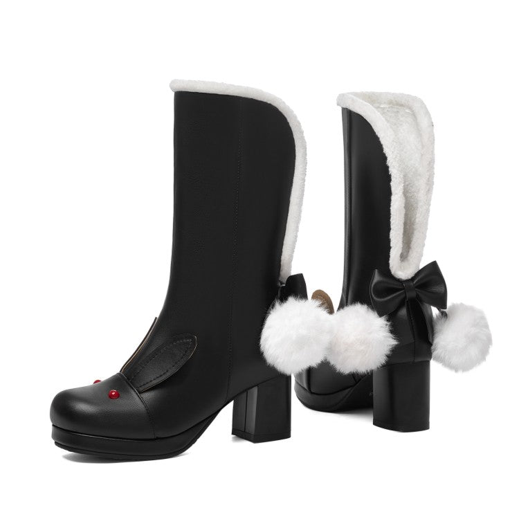 Women Lolita Pu Leather Round Toe Fold Block Chunky Heel Platform Ankle Boots
