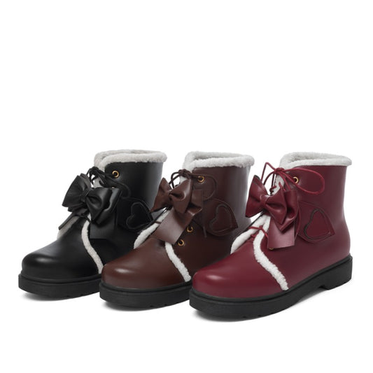 Women Lolita Pu Leather Round Toe Bow Tie Lace Up Flat Ankle Boots