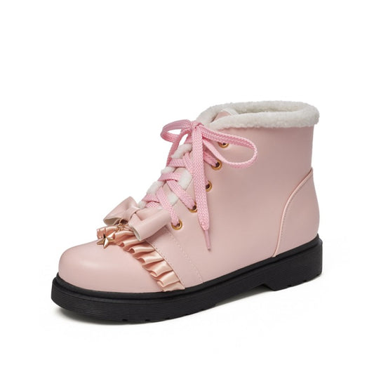 Women Lolita Bow Tie Lace Up Flat Ankle Boots
