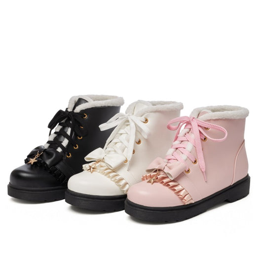 Women Lolita Bow Tie Lace Up Flat Ankle Boots