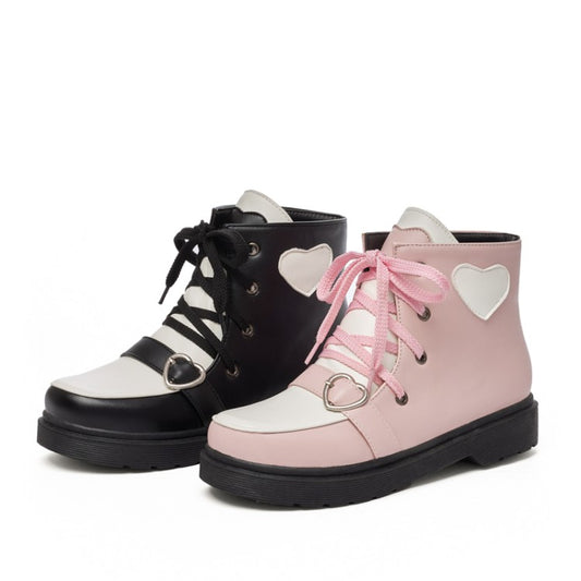 Women Lolita Pu Leather Round Toe Love Hearts Tied Straps Flat Ankle Boots