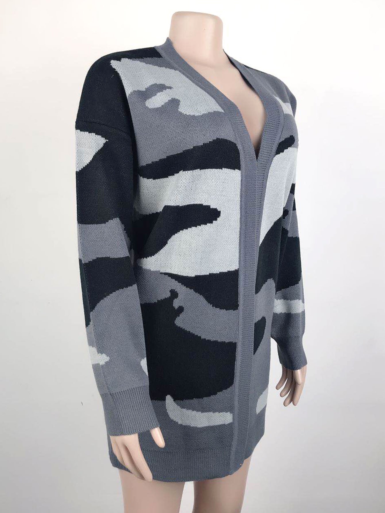 Women Cardigans Kniting Bicolor Camo Long Sleeves