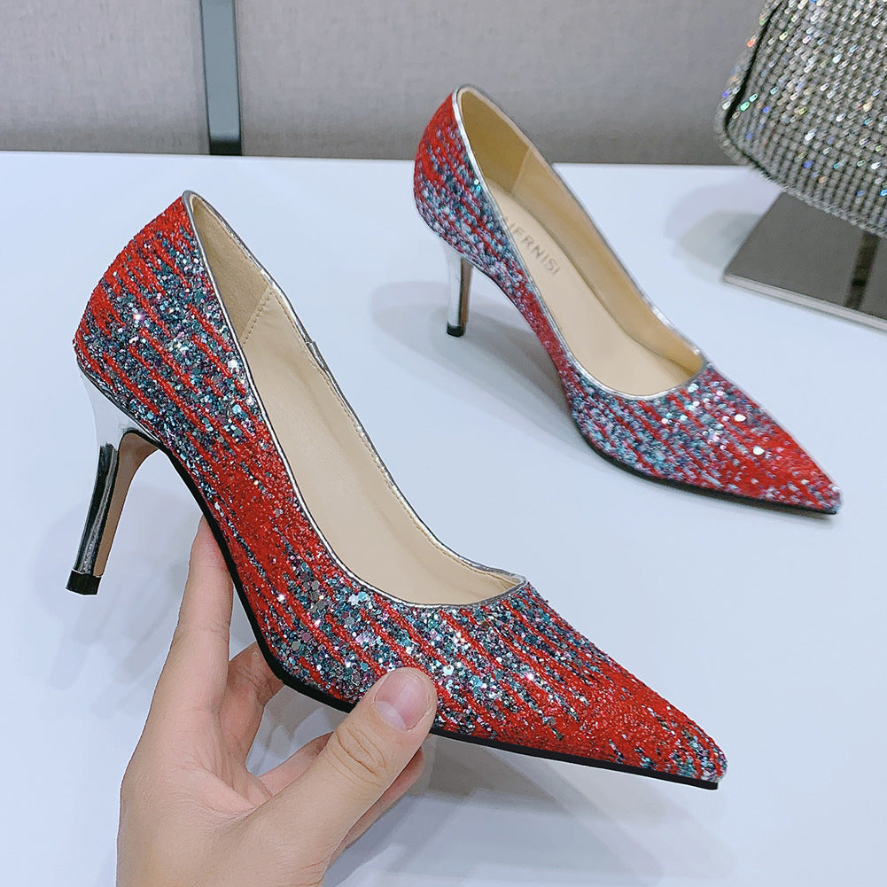 Women French Style Sequins Shallow Stiletto Heel Pumps