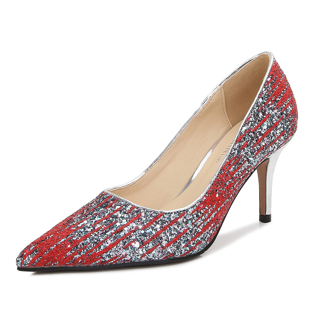 Women French Style Sequins Shallow Stiletto Heel Pumps