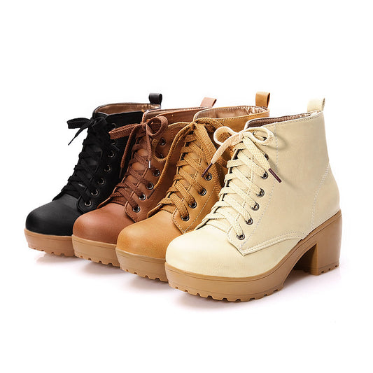 Women Pu Leather Round Toe Lace Up Block Chunky Heel Platform Ankle Boots