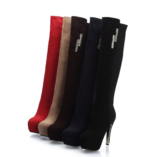 Women Zippers Round Toe Stiletto Heel Platform Knee-High Boots