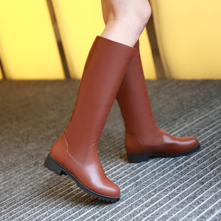 Women Pu Leather Round Toe Platform Knee High Boots