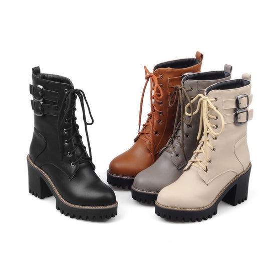 Women Pu Leather Almond Toe Lace Up Buckle Straps Block Heel Platform Ankle Boots