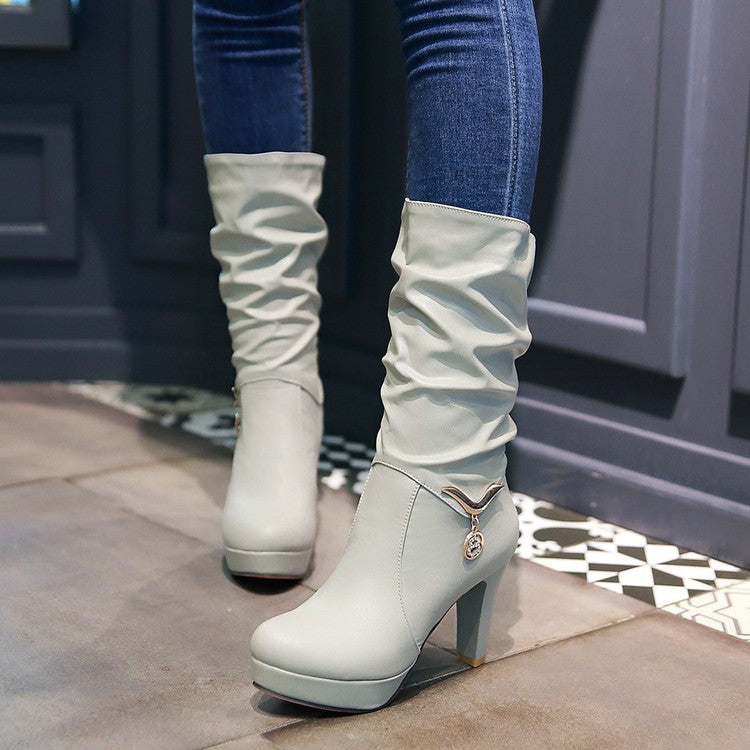 Women Pu Leather Almond Toe Metal Rhinestone Pendants Block Chunky Heel Platform Mid Calf Boots