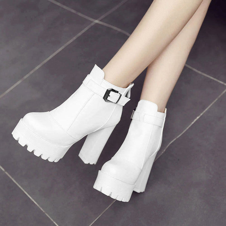 Women Pu Leather Round Toe Buckle Straps Block Chunky Heel Platform Back Zippers Ankle Boots