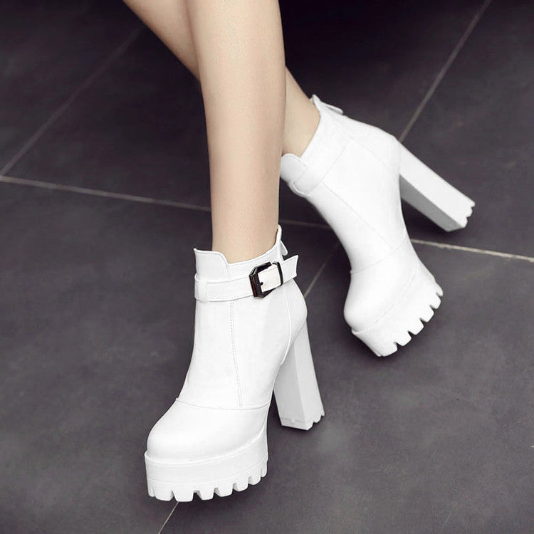 Women Pu Leather Round Toe Buckle Straps Block Chunky Heel Platform Back Zippers Ankle Boots