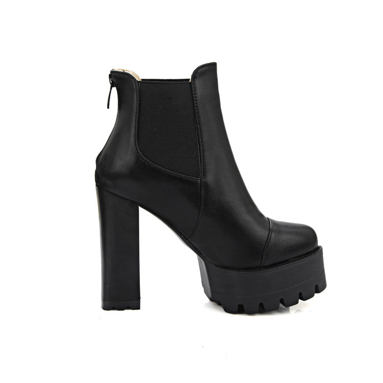 Women Pu Leather Round Toe Back Zippers Block Chunky Heel Platform Ankle Boots