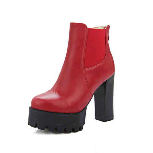 Women Pu Leather Round Toe Back Zippers Block Chunky Heel Platform Ankle Boots