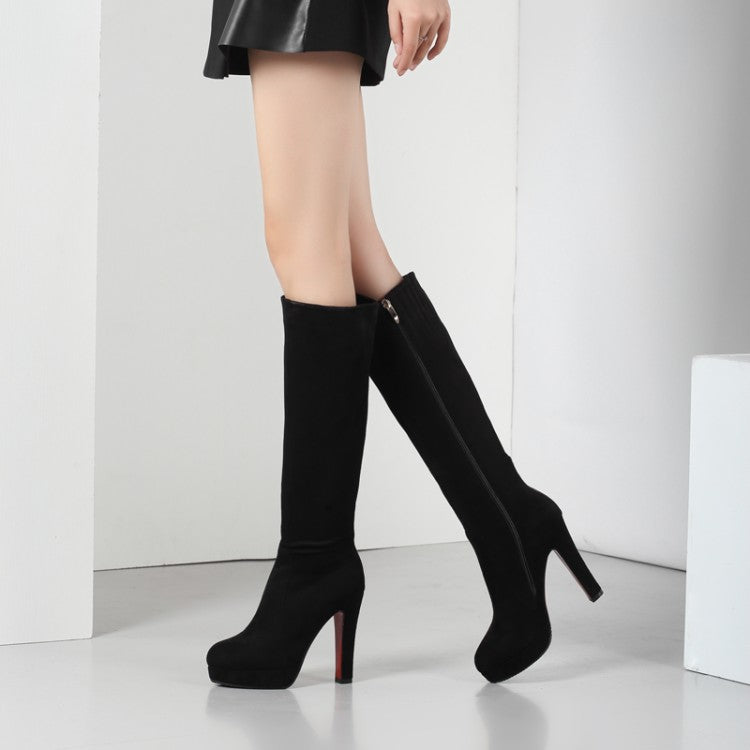 Women Zippers Round Toe Chunky Heel Platform Knee-High Boots