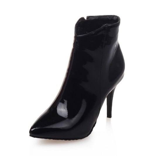 Women Pu Leather Pointed Toe Side Zippers Stiletto Heel Ankle Boots