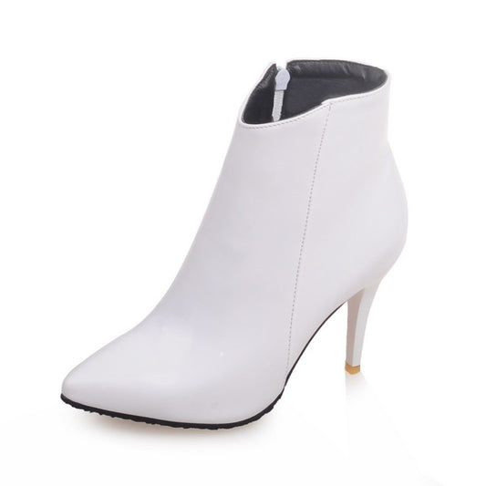 Women Pu Leather Pointed Toe Side Zippers Stiletto Heel Ankle Boots