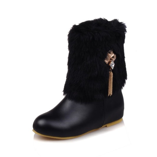 Women Pu Leather Round Toe Furry Rhinestone Tassel Inside Heighten Ankle Boots