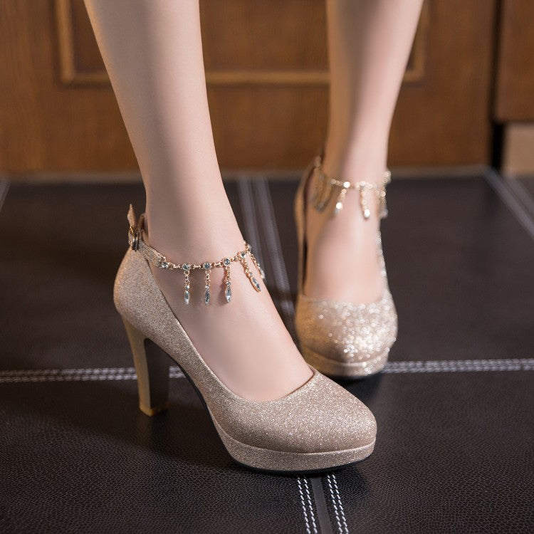Women Rhinestones Sequins Tassel Ankle Strap Block Heel Platform Wedding Pumps