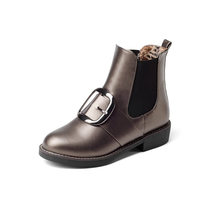 Women Pu Leather Buckle Straps Stretch Short Chelsea Boots