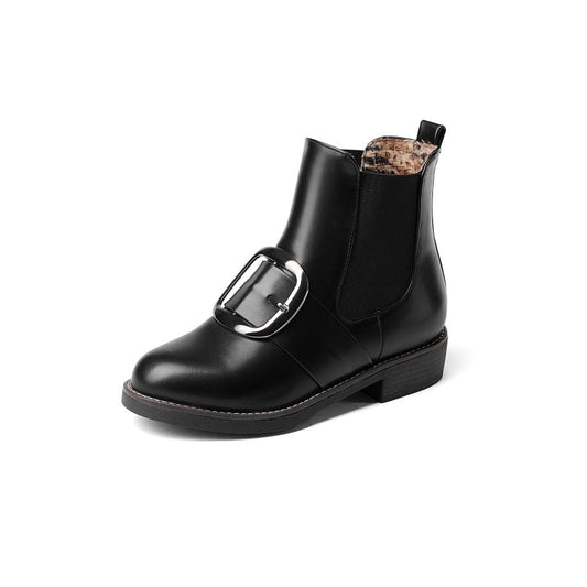 Women Pu Leather Buckle Straps Stretch Short Chelsea Boots