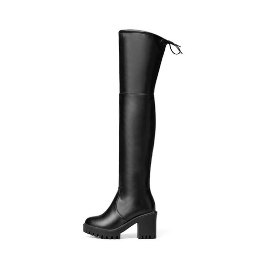 Women Pu Leather Round Toe Side Zippers Block Chunky Heel Platform Over the Knee Boots