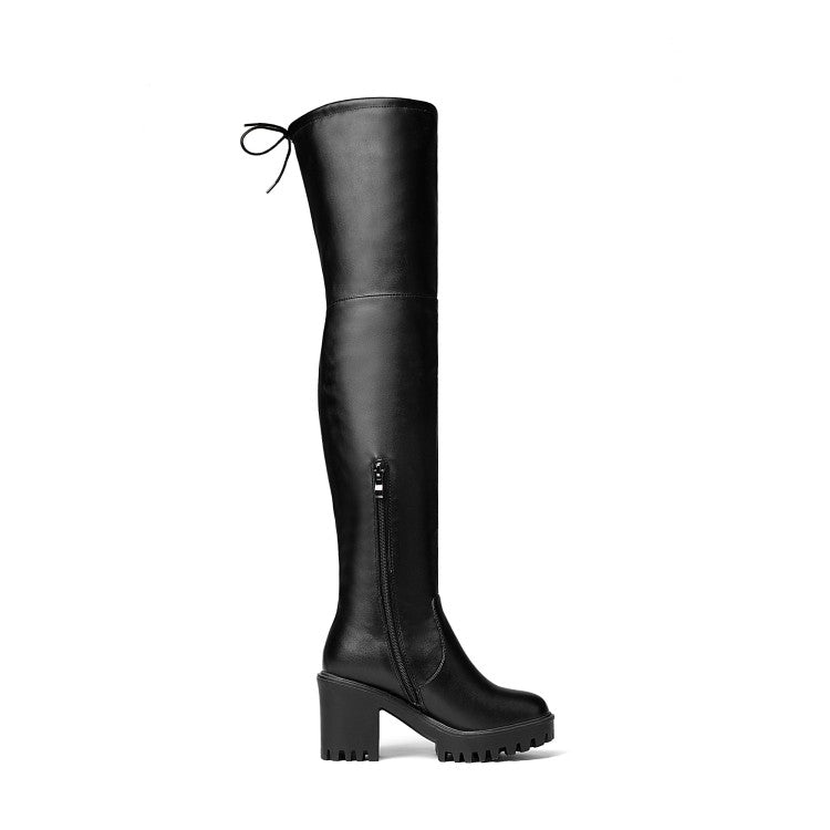 Women Pu Leather Round Toe Side Zippers Block Chunky Heel Platform Over the Knee Boots