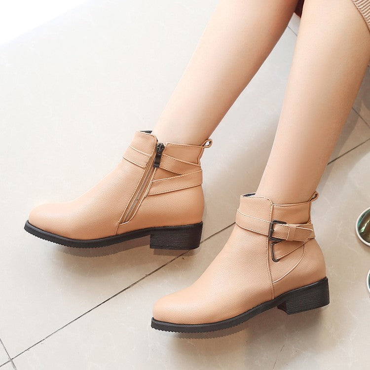Women Pu Leather Round Toe Side Zippers Buckle Straps Block Chunky Heel Ankle Boots