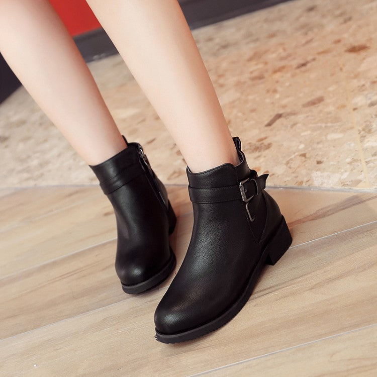 Women Pu Leather Round Toe Side Zippers Buckle Straps Block Chunky Heel Ankle Boots