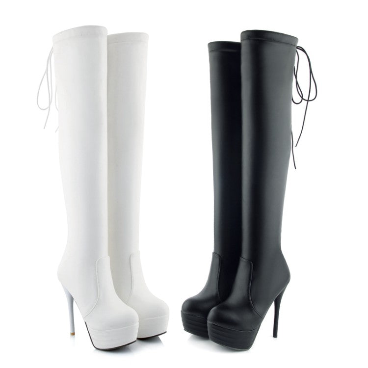 Women Pu Leather Round Toe Back Tied Straps Stiletto Heel Platform Over-The-Knee Boots