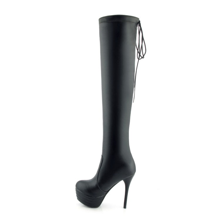 Women Pu Leather Round Toe Back Tied Straps Stiletto Heel Platform Over-The-Knee Boots